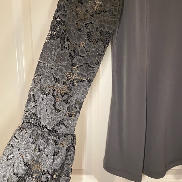 NWOT Susan Graver charcoal gray top with lace bell sleeves. - Picture 4 of 6